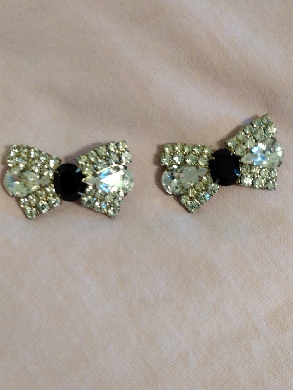 Rhinestone Bow Stud Earrings with Black Centers